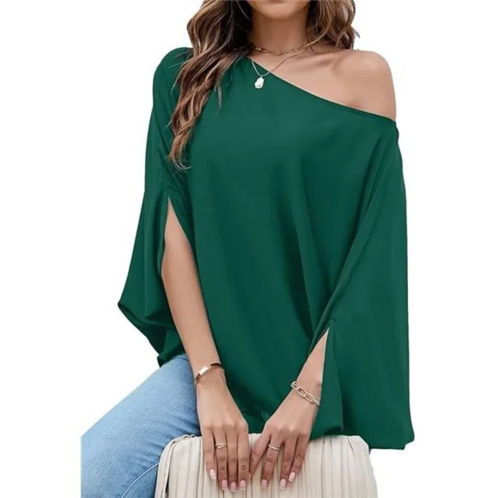 Off Shoulder Flowy Top Casual Batwing Sleeve Blouse Loose Chiffon Shirt Women - Picture 6 of 6